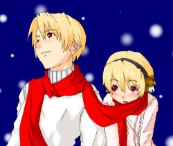Rule 34 | 00s, brother and sister, higurashi no naku koro ni, houjou satoko, houjou satoshi, lowres, scarf, shared clothes, shared scarf, siblings, snow, snowing