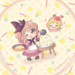 Rule 34 | 2girls, artist request, blonde hair, blush, chibi, closed eyes, dress, food, hat, hidamari sketch, hiro (hidamari sketch), lowres, miyako (hidamari sketch), multiple girls, one eye closed, open mouth, pink dress, smile, witch hat