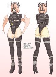 Rule 34 | 1girl, arms under breasts, ass, ball gag, drooling, gag, gagged, gatling raid, harness gag, highres, horns, lock, original, pink eyes, pink hair, pussy juice, restrained, saliva, straitjacket, thighhighs, translation request, wings