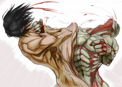 Rule 34 | 2boys, armored titan, black hair, blood, clenched hand, fighting, giant, giant monster, kaijuu, monster, monster boy, multiple boys, muscular, nude, pectorals, punching, rogue titan, shingeki no kyojin, silver hair, titan (shingeki no kyojin), white background, wrestling