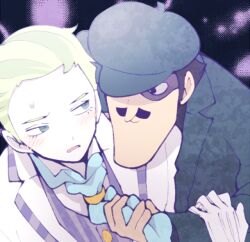 Rule 34 | 2boys, ace attorney, ashley graydon, beret, black hair, blonde hair, blue eyes, blush, closed mouth, clothes grab, collared shirt, embarrassed, gloves, green headwear, green jacket, hat, holding, holding another&#039;s arm, jacket, long sleeves, looking at another, male focus, minashirazu, multiple boys, nash skulkin, open mouth, shirt, short hair, smile, sweatdrop, the great ace attorney, the great ace attorney: adventures, upper body, vest, white gloves, white jacket, white shirt