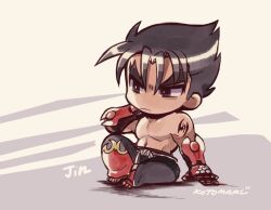 Rule 34 | 1boy, arm behind head, arm support, black eyes, black hair, black pants, character name, chibi, flame print, gloves, kazama jin, kotorai, looking to the side, male focus, martial arts belt, navel, no nose, pants, pectorals, red gloves, short hair, shoulder tattoo, signature, sitting, solo, studded gloves, tattoo, tekken, topless male, v-shaped eyebrows
