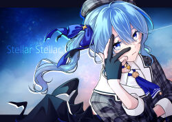 Rule 34 | 1girl, absurdres, beret, black gloves, blue bow, blue choker, blue eyes, blue hair, blue necktie, bow, choker, collared jacket, english text, gloves, hair between eyes, hair bow, hat, highres, hololive, hoshimachi suisei, hoshimachi suisei (1st costume), jacket, kashikaze, long hair, long sleeves, looking at viewer, necktie, one side up, outline, parted lips, partially fingerless gloves, plaid, plaid headwear, plaid jacket, sidelocks, solo, star (symbol), starry background, virtual youtuber, white outline