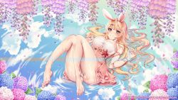 Rule 34 | 1girl, animal ears, ass, bad id, bad pixiv id, bare legs, bare shoulders, barefoot, blonde hair, blue eyes, blue flower, blunt bangs, blush, breasts, closed mouth, commentary request, dress, feet, flower, from above, hair ornament, hairclip, highres, hydrangea, large breasts, long hair, looking at viewer, lying, on back, original, outdoors, panties, petals, petals on liquid, pink dress, pink flower, rabbit ears, ribbon, shell, short dress, skindentation, smile, solo, starfish, tacco (tikeworld), toes, underwear, water, wet, wet clothes, white flower, white panties, wisteria