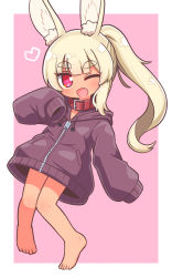 Rule 34 | 1girl, ;d, animal ear fluff, animal ears, barefoot, blonde hair, collar, etrian odyssey, fang, full body, heart, heart-shaped pupils, highres, hood, hood down, hooded jacket, jacket, knees together feet apart, long sleeves, looking at viewer, masurao (sekaiju), masurao 2 (sekaiju), naga u, one eye closed, open mouth, pink background, ponytail, puffy long sleeves, puffy sleeves, purple jacket, rabbit ears, red collar, red eyes, sekaiju no meikyuu, sekaiju no meikyuu 5, short eyebrows, sleeves past fingers, sleeves past wrists, smile, solo, symbol-shaped pupils, thick eyebrows, two-tone background, white background