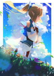 Rule 34 | 1girl, 38 (sanjuuhachi), absurdres, blonde hair, blue bow, blue flower, blue shirt, blue sky, blurry, blurry foreground, bow, brown gloves, closed eyes, clothing cutout, cloud, commentary request, contrail, dark-skinned female, dark skin, dutch angle, falling leaves, flower, gloves, grass, hair bow, hand on own chest, highres, hololive, leaf, long hair, outdoors, parted lips, pointy ears, ponytail, purple flower, shiranui flare, shiranui flare (1st costume), shirt, shorts, shoulder cutout, sky, solo, virtual youtuber, white shirt, white shorts