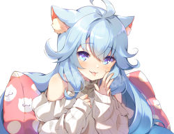 Rule 34 | 1girl, :p, ahoge, animal ear fluff, animal ears, bare shoulders, blue eyes, blue hair, blush, cat ears, closed mouth, clothing cutout, commentary request, hair between eyes, hands up, indie virtual youtuber, kanase ito, long hair, looking at viewer, pillow, pilokey, purple eyes, ribbed sweater, shoulder cutout, simple background, smile, solo, sweater, tongue, tongue out, turtleneck, turtleneck sweater, upper body, very long hair, virtual youtuber, white background, white sweater