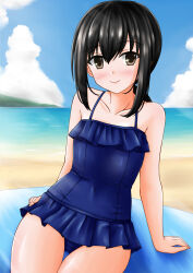 Rule 34 | 1girl, beach, black eyes, black hair, blue one-piece swimsuit, blue sky, casual one-piece swimsuit, cloud, collarbone, day, frilled one-piece swimsuit, frills, fubuki (kancolle), hair between eyes, highres, horizon, kamiya tadato, kantai collection, lips, looking at viewer, low ponytail, ocean, one-piece swimsuit, outdoors, sand, short ponytail, sitting, sky, smile, solo, swimsuit, swimsuit skirt, water