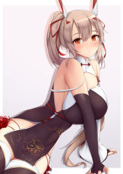 Rule 34 | 1girl, aged up, alternate breast size, ayanami (azur lane), ayanami (lunar demon) (azur lane), ayanami (lunar demon) (azur lane), azur lane, bare shoulders, blush, breasts, brown hair, china dress, chinese clothes, cleavage, closed mouth, commission, curvy, detached sleeves, dress, elbow gloves, gloves, gradient background, hair between eyes, hair ornament, hair ribbon, headgear, highres, kannko bokujou, large breasts, long hair, looking at viewer, ponytail, red eyes, red ribbon, ribbon, short dress, sidelocks, skeb commission, solo, thighhighs, thighs, very long hair