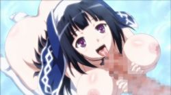 Rule 34 | 10s, 1girl, animated, animated gif, black hair, breasts, censored, covered erect nipples, curvy, fellatio, fonica, from above, headdress, jewelry, large breasts, long hair, majin label, necklace, nipples, nude, nun, ochi mono rpg seikishi luvilias, oral, penis, purple eyes, solo focus, tagme, tongue, tongue out, white legwear