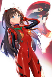 Rule 34 | 1girl, black hair, blue eyes, blush, bodysuit, breasts, commission, cosplay, eva 02, evangelion (mecha), fate/stay night, fate (series), fuyuki (neigedhiver), hairpods, highres, long hair, looking at viewer, mecha, medium breasts, neon genesis evangelion, parted bangs, plugsuit, red bodysuit, robot, skeb commission, smile, souryuu asuka langley, souryuu asuka langley (cosplay), thighs, tohsaka rin, twintails, two side up