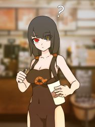 Rule 34 | 1girl, ?, apron, bad id, bad twitter id, black apron, black hair, confused, cup, date a live, heterochromia, holding, holding cup, iced latte with breast milk (meme), iced tea, meme, naked apron, pen, red eyes, self-upload, solo, standing, tokisaki kurumi, wafflekkj, yellow eyes