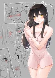 Rule 34 | !?, 10s, 2girls, :d, ?, akagi (kancolle), bare arms, bare legs, bare shoulders, black hair, blush, closed mouth, collarbone, comic, drying, drying hair, embarrassed, female focus, fukuroumori, greyscale, hair between eyes, highres, kaga (kancolle), kantai collection, legs, long hair, looking at another, looking at viewer, monochrome, monochrome background, multiple girls, naked towel, neck, open mouth, pink towel, short hair, shy, side ponytail, sidelocks, simple background, sketch, smile, spoken question mark, spot color, standing, surprised, sweat, towel, wet, wet hair, yellow eyes