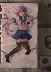 Rule 34 | 1girl, absurdres, akebono (kancolle), akebono kai (kancolle), bell, black thighhighs, blue sailor collar, blue skirt, bonozako, clothes lift, commentary request, flower, from above, futon, hair bell, hair flower, hair ornament, highres, jingle bell, kantai collection, long hair, lying, pleated skirt, purple eyes, purple hair, restrained, rope, sailor collar, school uniform, serafuku, shirt lift, short sleeves, side ponytail, skirt, solo, tatami, thighhighs, thighs, very long hair