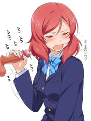 Rule 34 | 10s, 1girl, afterimage, blazer, blush, bow, censored, closed eyes, flying sweatdrops, handjob, jacket, long sleeves, love live!, love live! school idol project, mosaic censoring, motion lines, nishikino maki, open mouth, penis, precum, red hair, school uniform, short hair, simple background, sweatdrop, testicles, translated, white background, youkan