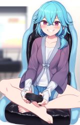 Rule 34 | 1girl, absurdres, barefoot, blue hair, blue shorts, blush, character request, controller, copyright request, crossed bangs, denim, denim shorts, full body, grin, hair between eyes, highres, hiraga matsuri, holding, holding controller, long sleeves, lotus position, medium hair, purple eyes, shorts, sitting, smile, solo, v-shaped eyebrows