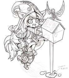Rule 34 | 2girls, :d, animal ears, armor, dress, ears through headwear, envelope, fairy, fang, gloves, greyscale, hat, holding, holding envelope, league of legends, lifting person, long hair, lulu (league of legends), monochrome, multiple girls, one eye closed, open mouth, phantom ix row, pix (league of legends), poppy (league of legends), postbox (outgoing mail), simple background, smile, translation request, white background, yordle