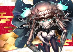 Rule 34 | 10s, 1girl, abyssal ship, bad id, bad pixiv id, blue eyes, bodysuit, egasumi, fukurou tei, gloves, glowing, glowing eyes, kantai collection, long hair, looking at viewer, monster, pale skin, silver hair, sitting, solo, wo-class aircraft carrier