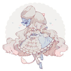 Rule 34 | 1girl, animal ear fluff, animal ears, bare shoulders, blonde hair, blue bow, blue dress, blue eyes, blue footwear, blush stickers, boots, bow, bow choker, chibi, choker, circle, closed mouth, commentary, commission, curtsey, dress, english commentary, eyelashes, footwear bow, frilled dress, frills, fur-trimmed boots, fur-trimmed dress, fur-trimmed sleeves, fur hat, fur trim, gold necklace, hair bow, hair ornament, hairclip, half-closed eyes, hand on own chest, hat, heart, horns, jewelry, layered dress, lion tail, littlebluemuffin, long hair, long sleeves, looking at viewer, mini hat, necklace, off-shoulder dress, off shoulder, original, pantyhose, pink horns, short dress, small horns, smile, solo, tail, ushanka, very long hair, wavy hair, white background, white choker, white dress, white hat, white pantyhose