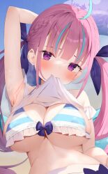 Rule 34 | 1girl, ahoge, arm up, armpits, bikini, blue bikini, blue hair, blue ribbon, blue sky, blunt bangs, blush, braid, breasts, cleavage, clothes in mouth, commentary, drill hair, english commentary, fanged bangs, french braid, frilled bikini, frills, front-tie bikini top, front-tie top, hair between eyes, hair ribbon, halterneck, head tilt, highres, hololive, large breasts, long hair, looking at viewer, minato aqua, minato aqua (hololive summer 2019), multicolored hair, official alternate costume, purple eyes, purple hair, ribbon, saki (saki paint), sand, sky, solo, streaked hair, striped bikini, striped clothes, swimsuit, twin braids, twin drills, twintails, two-tone hair, virtual youtuber, wide hips