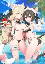 Rule 34 | 2girls, animal ears, ass, bare shoulders, bikini, black bikini, black hair, blonde hair, blue sky, bow, breasts, cake, cake slice, cat ears, cat girl, cat tail, cleavage, cloud, commentary request, commission, day, food, frilled bikini, frills, holding, holding tray, horizon, kuang1104, kuang (kzhw7588), large breasts, bridal garter, maid headdress, medium breasts, multiple girls, ocean, original, outdoors, parfait, pink bow, red eyes, saucer, side-tie bikini bottom, sky, splashing, standing, swimsuit, tail, tail bow, tail ornament, tray, wading, water, wrist cuffs, yellow eyes