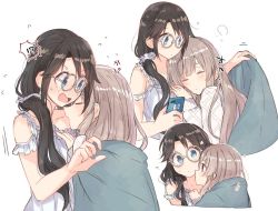 Rule 34 | 2girls, bandaid, bandaid on face, bandaid on forehead, bare shoulders, black hair, blanket, blue eyes, brown eyes, brown hair, cellphone, closed eyes, closed mouth, commentary request, dress, eye contact, flying sweatdrops, frilled dress, frills, glasses, hanetsuka, holding, holding phone, hug, idolmaster, idolmaster shiny colors, imminent kiss, long hair, long sleeves, looking at another, low twintails, mitsumine yuika, motion lines, multiple girls, multiple views, open mouth, panties, phone, round eyewear, simple background, sleeping, sleeveless, sleeveless dress, smartphone, sweater, twintails, under covers, underwear, v-shaped eyebrows, white-framed eyewear, white background, white panties, white sweater, yukoku kiriko, yuri