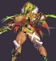 Rule 34 | 1girl, ahoge, breasts, character request, cleavage, clenched teeth, curvy, dark skin, dark-skinned female, green hair, hair over one eye, huge breasts, long hair, looking at viewer, melon22, multicolored hair, muscular, muscular female, red eyes, shield, solo, standing, sword, teeth, thick thighs, thighs, torn clothes, weapon, wide hips