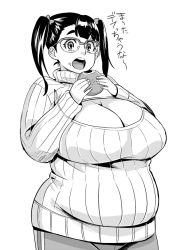 Rule 34 | 10s, 1girl, artist request, baozi, breasts, cleavage, cleavage cutout, clothing cutout, eating, fat, fat rolls, food, glasses, greyscale, huge breasts, looking at viewer, meme attire, monochrome, nikuko (galko), open-chest sweater, oshiete! galko-chan, over-rim eyewear, plump, ribbed sweater, semi-rimless eyewear, short twintails, solo, sweater, translation request, turtleneck, twintails
