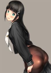 Rule 34 | 1girl, :d, aqua eyes, ass, black hair, black pantyhose, black serafuku, black shirt, black skirt, blunt bangs, blush, clothes pull, from behind, grey background, hair ornament, hairclip, highres, kurosawa dia, leaning forward, long hair, long sleeves, looking at viewer, looking back, looking to the side, love live!, love live! sunshine!!, mole, mole under mouth, neckerchief, open mouth, panties, panties under pantyhose, pantyhose, pulling own clothes, school uniform, serafuku, serizawa (serizawaroom), shirt, sidelocks, simple background, skindentation, skirt, skirt pull, smile, solo, straight hair, sweatdrop, thighband pantyhose, underwear, undressing, uniform, uranohoshi school uniform, white neckerchief