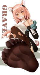 Rule 34 | 1girl, absurdres, animal ears, arknights, blonde hair, blush, brown eyes, feet, female focus, finger to mouth, foot focus, gravel (arknights), he c92, highres, long hair, looking at viewer, parted lips, see-through, see-through legwear, soles, solo, toes