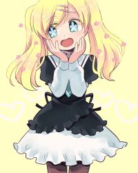 Rule 34 | 1girl, blonde hair, blue eyes, cordelia glauca, cowboy shot, dress, frilled dress, frills, hair ornament, hairclip, hands on own cheeks, hands on own face, heart, open mouth, pantyhose, school uniform, smile, solo, symbol-shaped pupils, tantei opera milky holmes, tsunoji, twintails, yellow background