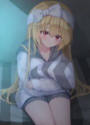 Rule 34 | 1girl, absurdres, arihara nanami, black shorts, blonde hair, blush, bow, closed mouth, collarbone, colored eyelashes, commentary, cowboy shot, crossed arms, eyelashes, eyes visible through hair, hair between eyes, hair bow, hair down, hair over shoulder, hair spread out, highres, hood, hood down, hoodie, hugging object, indoors, light particles, light smile, long hair, looking at viewer, moonbeam, moonlight, night, nodoameyatou, on bed, pillow, pillow hug, red eyes, riddle joker, shorts, sidelighting, sitting, sleeves past wrists, solo, split mouth, straight hair, tsurime, very long hair, white bow, white hoodie