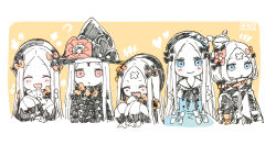 Rule 34 | +++, 5girls, :&lt;, :d, ?, ^ ^, abigail williams (animejapan 2018) (fate), abigail williams (fate), abigail williams (third ascension) (fate), abigail williams (traveling outfit) (fate), blue dress, blue eyes, blush, bow, closed eyes, closed mouth, dress, facing viewer, fate/grand order, fate (series), food, forehead, hair bun, hat, holding, holding food, holding stuffed toy, jacket, long hair, looking at viewer, multiple girls, multiple persona, official alternate costume, open mouth, orange bow, parted bangs, red eyes, revealing clothes, sandwich, sharp teeth, single hair bun, smile, stuffed animal, stuffed toy, teddy bear, teeth, traditional media, very long hair, witch hat