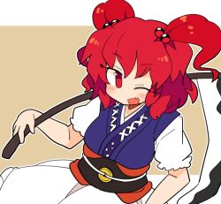 Rule 34 | 1girl, black sash, blue dress, blush, coin, coin on string, dress, fang, hair bobbles, hair ornament, holding, holding scythe, ini (inunabe00), looking at viewer, one eye closed, onozuka komachi, open mouth, puffy short sleeves, puffy sleeves, red eyes, red hair, sash, scythe, short hair, short sleeves, smile, solo, touhou, two side up