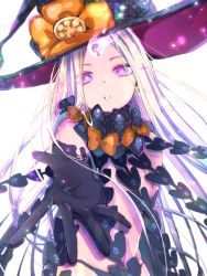 Rule 34 | 1girl, abigail williams (fate), abigail williams (third ascension) (fate), black bow, black gloves, black hat, black panties, bow, commentary request, elbow gloves, fate/grand order, fate (series), gloves, glowing, hat, hat bow, head tilt, highres, long hair, looking at viewer, orange bow, outstretched arm, panties, parted bangs, parted lips, polka dot, polka dot bow, purple eyes, revealing clothes, revision, signature, silver hair, simple background, skull print, sofra, solo, topless, underwear, very long hair, white background, witch hat