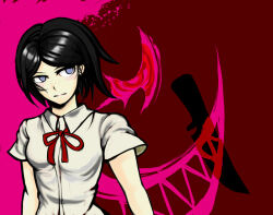 Rule 34 | 1girl, black hair, blue eyes, blush, bow, breasts, closed mouth, collared shirt, danganronpa: trigger happy havoc, danganronpa (series), ears, eyebrows, eyelashes, female focus, freckles, highres, ikusaba mukuro, knife, looking to the side, medium hair, monokuma, bowtie, neck ribbon, pink background, red background, red bow, red ribbon, ribbon, shirt, short sleeves, simple background, small breasts, solo, solo focus, standing, upper body, white shirt