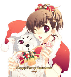Rule 34 | 00s, 1girl, 2009, animal, atlus, bad id, bad pixiv id, bell, bow, brown hair, christmas, dog, earrings, hat, jewelry, koromaru (persona), one eye closed, persona, persona 3, persona 3 portable, red eyes, ring, santa costume, santa hat, shiomi kotone, short hair, simple background, smile, solo, trough shell, wince, wink