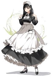 Rule 34 | 1girl, apron, black dress, black eyes, black footwear, black hair, black ribbon, blunt bangs, blush, breasts, collared dress, commentary request, commission, dress, flower, flower request, full body, high heels, highres, long dress, long hair, long sleeves, looking at viewer, maid, maid headdress, medium breasts, meido-fuku ga mitai, neck ribbon, original, petticoat, pocket, ribbon, shadow, simple background, skeb commission, smile, solo, standing, strappy heels, v, waist apron, white background, white legwear