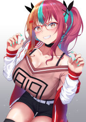 Rule 34 | 1girl, aqua nails, belt, black bra, black choker, black shorts, black thighhighs, blue hair, blush, bra, breasts, brown hair, choker, claw pose, cleavage, clothes writing, collarbone, dearonnus, earrings, fingernails, from above, glasses, gradient background, grin, gyaru, hair ornament, hairclip, head tilt, jacket, jewelry, kogal, large breasts, long fingernails, long sleeves, looking at viewer, multicolored hair, nail polish, off-shoulder shirt, off shoulder, open clothes, open jacket, original, purple hair, red-framed eyewear, see-through, shirt, short shorts, shorts, sidelocks, simple background, single bare shoulder, smile, solo, sparkle, thighhighs, twintails, underwear, white belt, x hair ornament