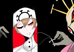 Rule 34 | absurdres, black background, blonde hair, cross, cross necklace, crown, double (skullgirls), dual persona, extra eyes, habit, highres, jewelry, necklace, nun, one eye closed, red eyes, skullgirls