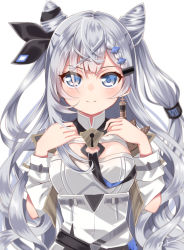 Rule 34 | 1girl, black ribbon, blue eyes, blurry, blush, breasts, closed mouth, commentary, cone hair bun, depth of field, detached sleeves, dress, grey hair, hair bun, hair ornament, hair ribbon, hairclip, hands up, hololive, hololive indonesia, lock, long hair, long sleeves, looking at viewer, medium breasts, ribbon, romaji commentary, signature, simple background, smile, solo, upper body, usagi koushaku, vestia zeta, virtual youtuber, white background, white dress