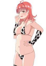 Rule 34 | 1girl, ahoge, animal print, arashi (kancolle), bikini, breasts, bridal gauntlets, brown eyes, commentary request, cow print, fang, hand on own hip, kantai collection, medium breasts, medium hair, open mouth, red hair, simple background, skin fang, solo, sun fle, swimsuit, thighhighs, white background, white bikini, white thighhighs