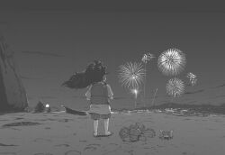 Rule 34 | 1girl, animal, backpack, bag, beach, child, commentary, cowboy hat, crab, crustacean, english commentary, fireworks, floating hair, from behind, full body, greyscale, hat, lobster, long hair, monochrome, mountainous horizon, new year, night, night sky, original, outdoors, shirt, shore, short sleeves, shorts, sky, solo, standing, tyrone