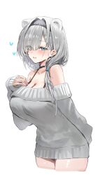 Rule 34 | 1girl, animal ears, arknights, aurora (arknights), bare shoulders, bear ears, bear girl, black hairband, blue eyes, blush, breasts, cleavage, collarbone, commentary request, grey hair, grey sweater, hair ornament, hair over one eye, hairband, hairclip, highres, horn/wood, large breasts, long sleeves, looking at viewer, medium hair, off-shoulder sweater, off shoulder, parted bangs, simple background, sleeves past wrists, smile, solo, sweater, thighs, white background