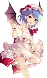 Rule 34 | 1girl, :d, ascot, bat wings, bloomers, blue hair, bow, brooch, hat, hat bow, highres, jewelry, looking at viewer, mob cap, open mouth, red ascot, red bow, red eyes, red wrist cuffs, remilia scarlet, ruhika, shirt, short hair, simple background, skirt, sleeveless, sleeveless shirt, smile, solo, standing, standing on one leg, touhou, underwear, v-shaped eyebrows, white background, white hat, white shirt, white skirt, wings, wrist cuffs