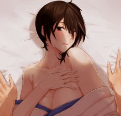 Rule 34 | 10s, 1girl, arm support, bad id, bad pixiv id, bare shoulders, bed, bed sheet, blush, boy on top, breasts, brown eyes, brown hair, cleavage, collarbone, drooling, embarrassed, hair over one eye, hand on own chest, head tilt, japanese clothes, kaga (kancolle), kantai collection, large breasts, looking at viewer, lying, ogros, open mouth, parted lips, partially undressed, saliva, shadow, short hair, side ponytail, solo focus, tears