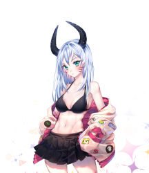 Rule 34 | 1girl, aqua eyes, bad id, bad twitter id, badge, bikini, black bikini, black horns, black skirt, blue hair, breasts, closed mouth, commentary request, cowboy shot, demon girl, facial mark, hands in pockets, highres, horns, hyuding (hhgy0925), jacket, korean commentary, light frown, logo, long hair, long sleeves, looking at viewer, medium breasts, miniskirt, navel, off shoulder, open clothes, open jacket, original, pleated skirt, skirt, solo, standing, swimsuit, white background, white jacket