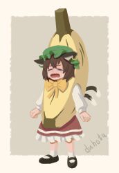 Rule 34 | 1girl, absurdres, animal ear fluff, animal ears, artist name, banana costume, bow, bowtie, brown hair, cat ears, cat tail, chen, child, clenched hands, closed eyes, commentary, crying, duhota, earrings, ears down, english commentary, frills, full body, grey background, hat, highres, jewelry, long sleeves, mary janes, meme, mob cap, multiple tails, nekomata, open mouth, petticoat, puffy long sleeves, puffy sleeves, red skirt, sad banana cat (meme), shoes, short hair, simple background, single earring, skirt, solo, standing, streaming tears, tail, tears, touhou, two tails, wavy mouth, yellow bow, yellow bowtie