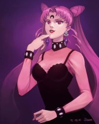 Rule 34 | 1990s (style), 1girl, aged up, artist name, bad id, bad pixiv id, bishoujo senshi sailor moon, bishoujo senshi sailor moon r, black lady (sailor moon), chibi usa, cone hair bun, crescent, crescent facial mark, dated, double bun, earrings, facial mark, forehead mark, hair bun, jewelry, lipstick, long hair, makeup, parted bangs, parted lips, purple theme, red lips, retro artstyle, siann, solo, twintails