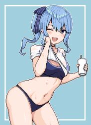 Rule 34 | 1girl, ;d, blue eyes, blue hair, blue panties, blue sports bra, breasts, cleavage, clothes lift, hololive, hoshimachi suisei, looking at viewer, medium hair, midriff, navel, no pants, one eye closed, open mouth, panties, pixel art, shirt, shirt lift, side ponytail, simple background, small breasts, smile, solo, sports bra, stomach, sweat, t-shirt, underwear, virtual youtuber, wet, wet clothes, wet shirt, white shirt, zou eita